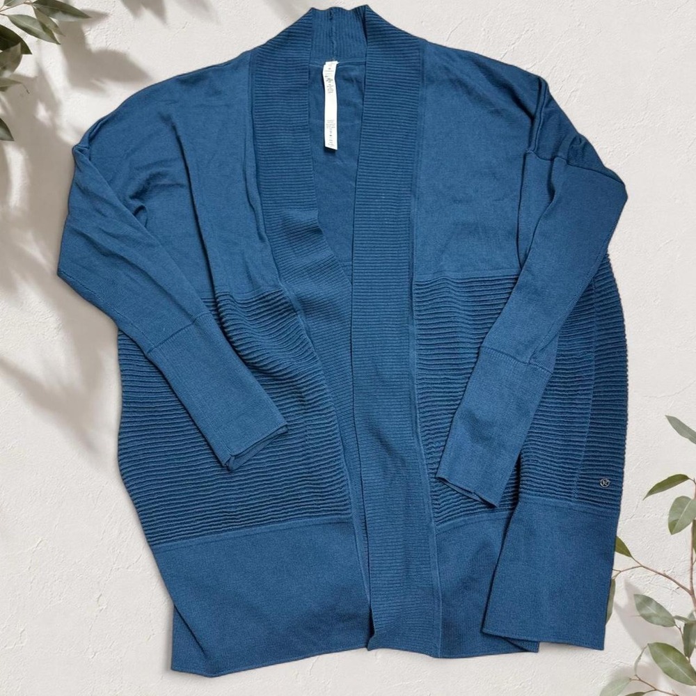 Lululemon Blue Merino Wool Open Front Ribbed Cardigan Sweater Size 12